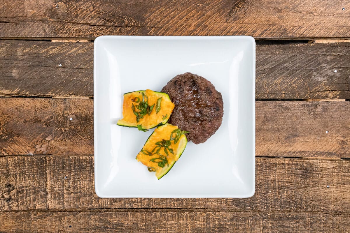 Bunless Elk Burger with Chipotle Avocado Ranch & Roasted Zucchini Skins