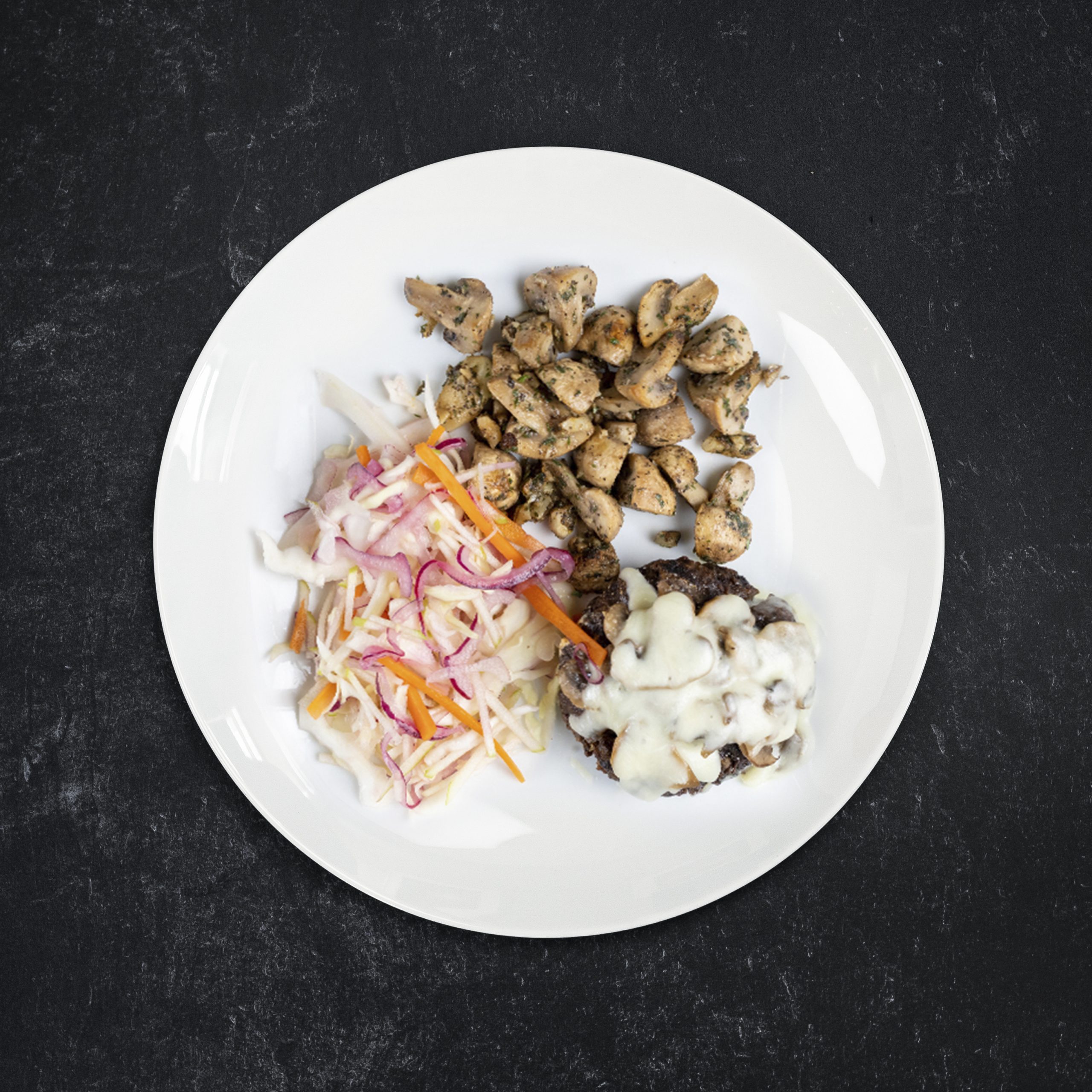 BBQ Smoked Gouda Grass-Fed Burger with Garlic Button Mushrooms