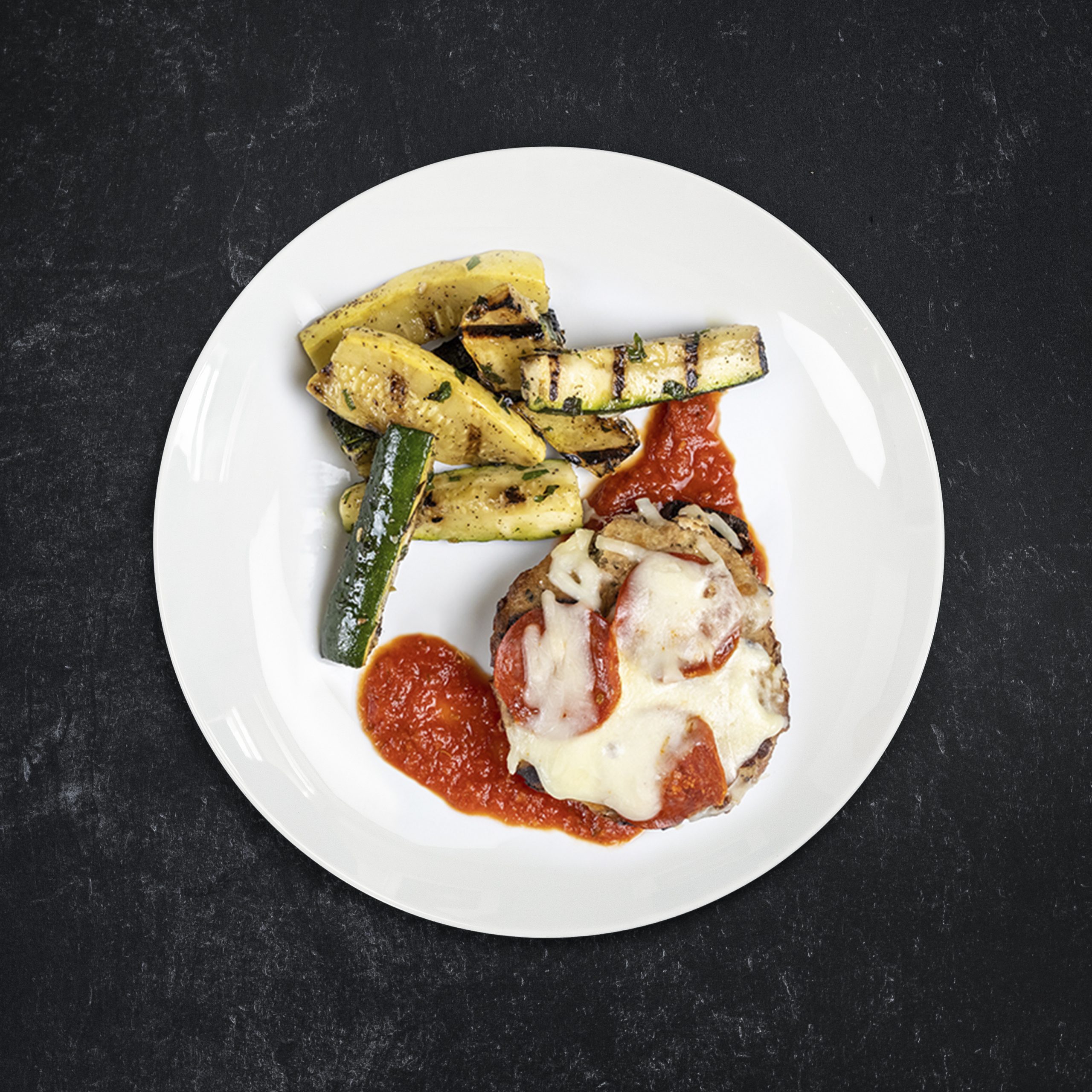 Bunless Pizza Stuffed Turkey Burger with Grilled Squash