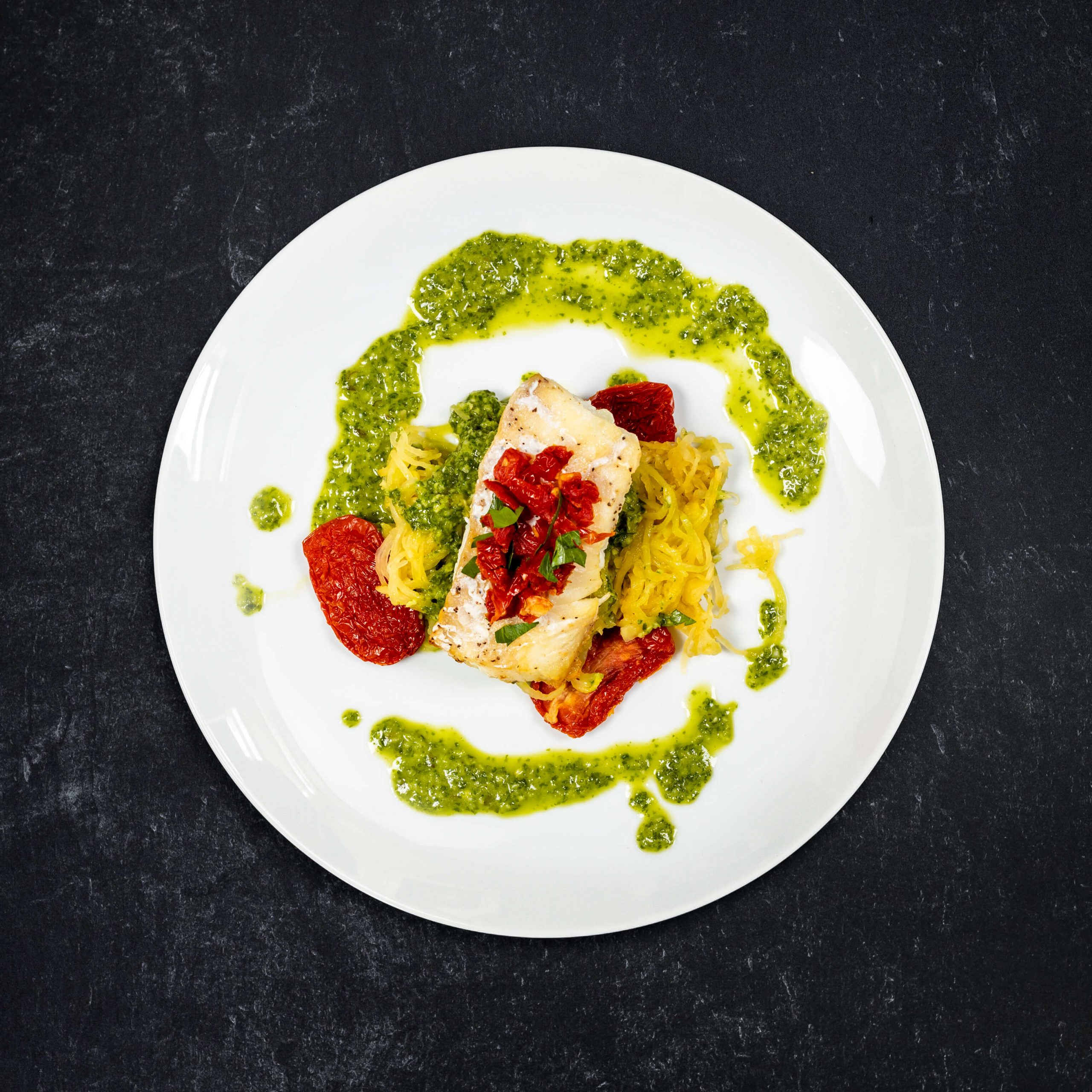 Roasted Wild Cod with Basil Pesto Spaghetti Squash