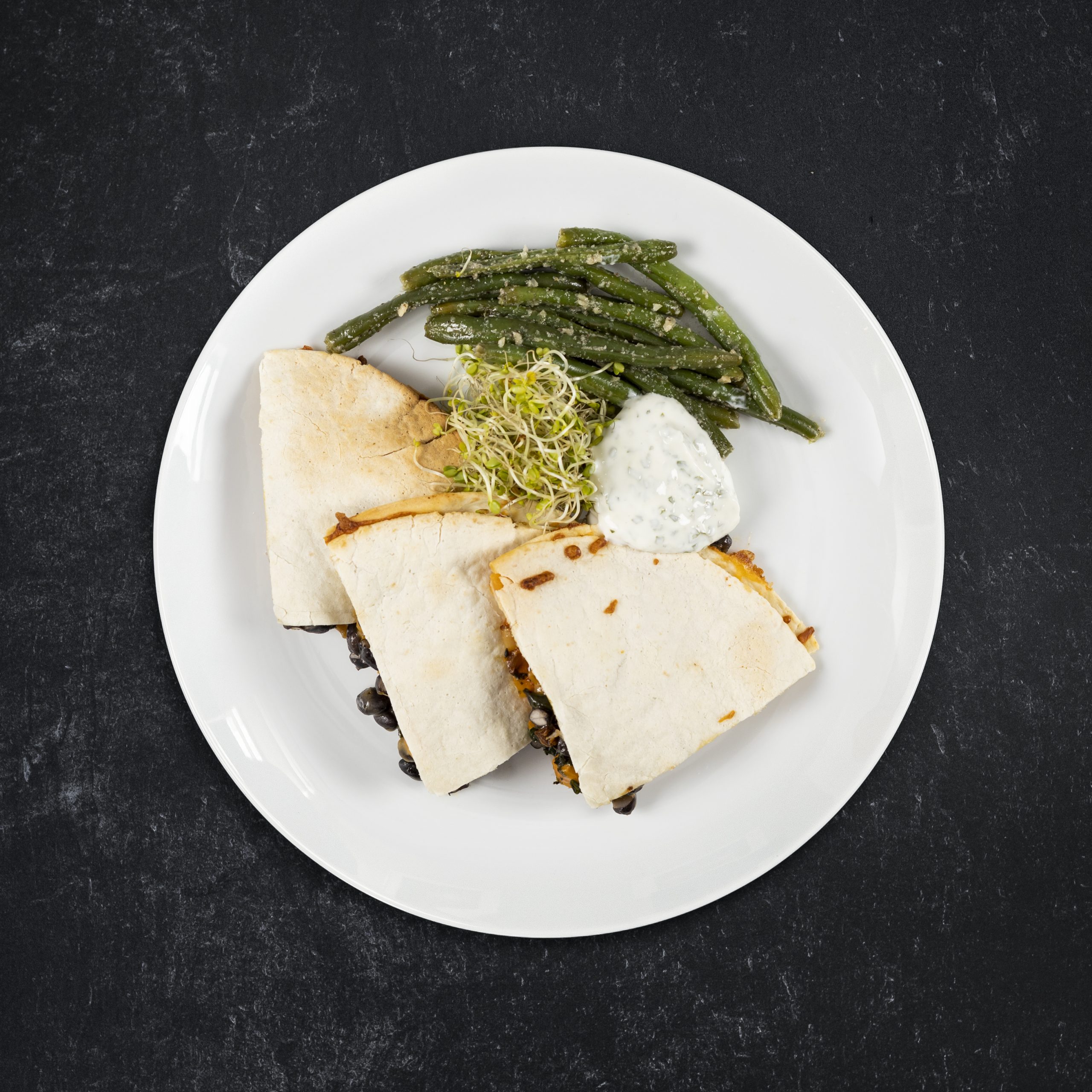 Roasted Sweet Potato, Black Bean & Spinach Quesadilla on Low Carb Wrap