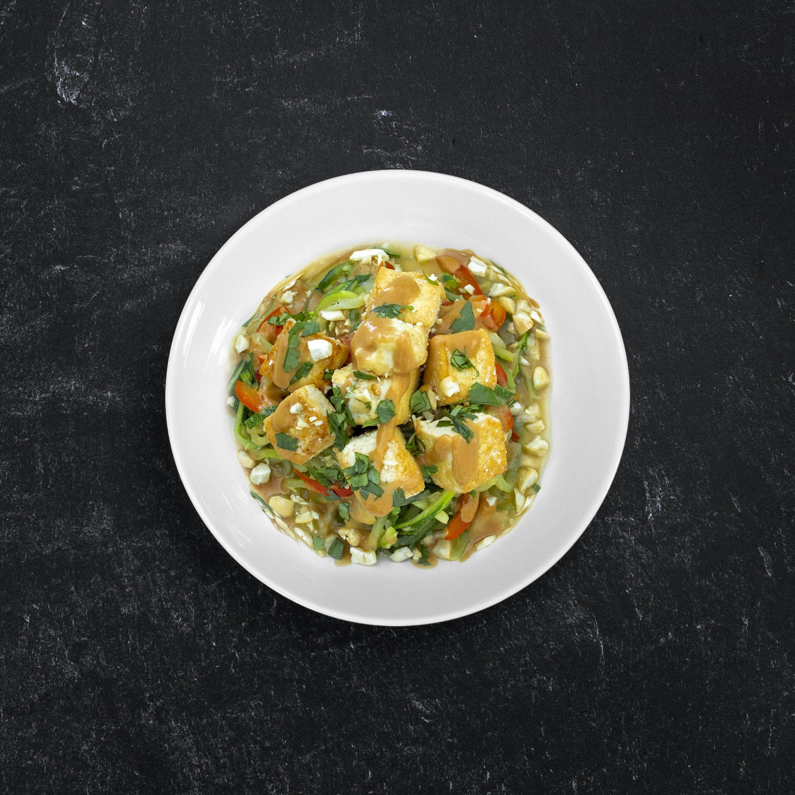Tofu Satay with Peanut-Coconut Thai Sauce Over Zoodles
