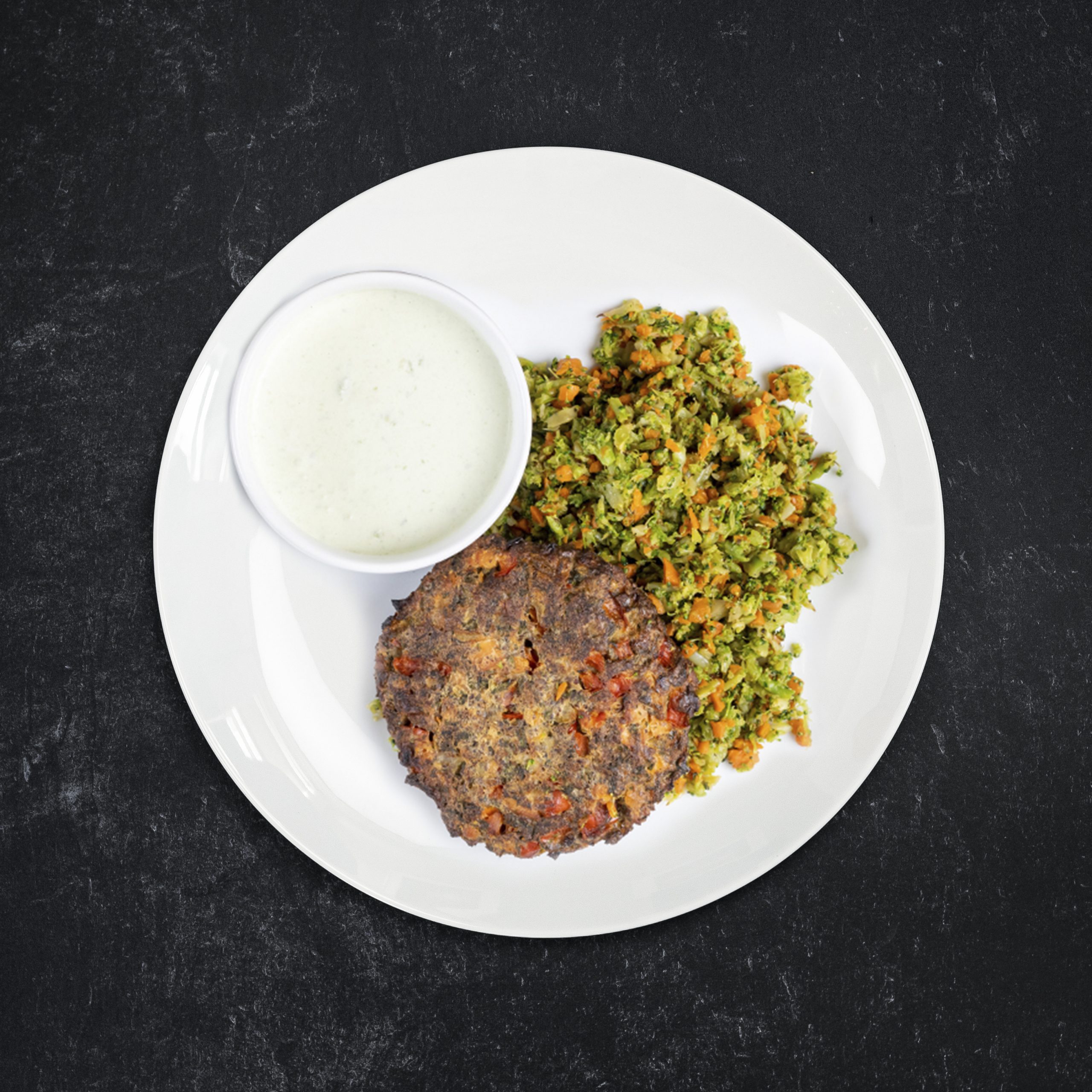 Wild Salmon Cake with Broccoli Rice & Roasted Tomatoes