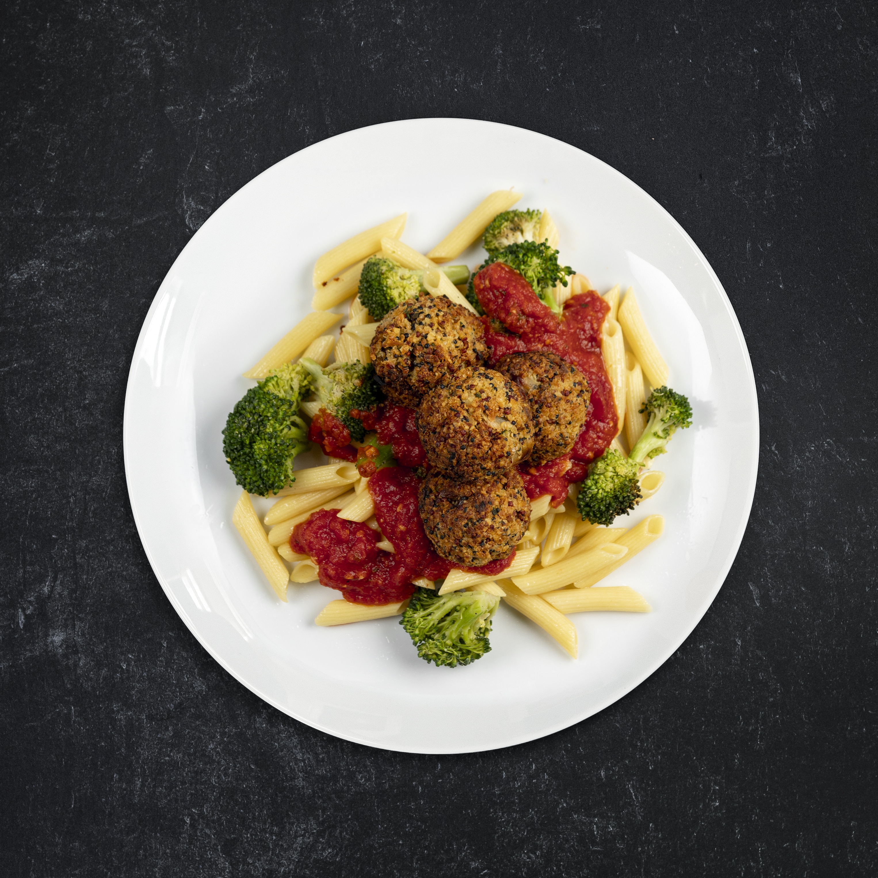 Vegan Quinoa Meatballs over Protein Penne