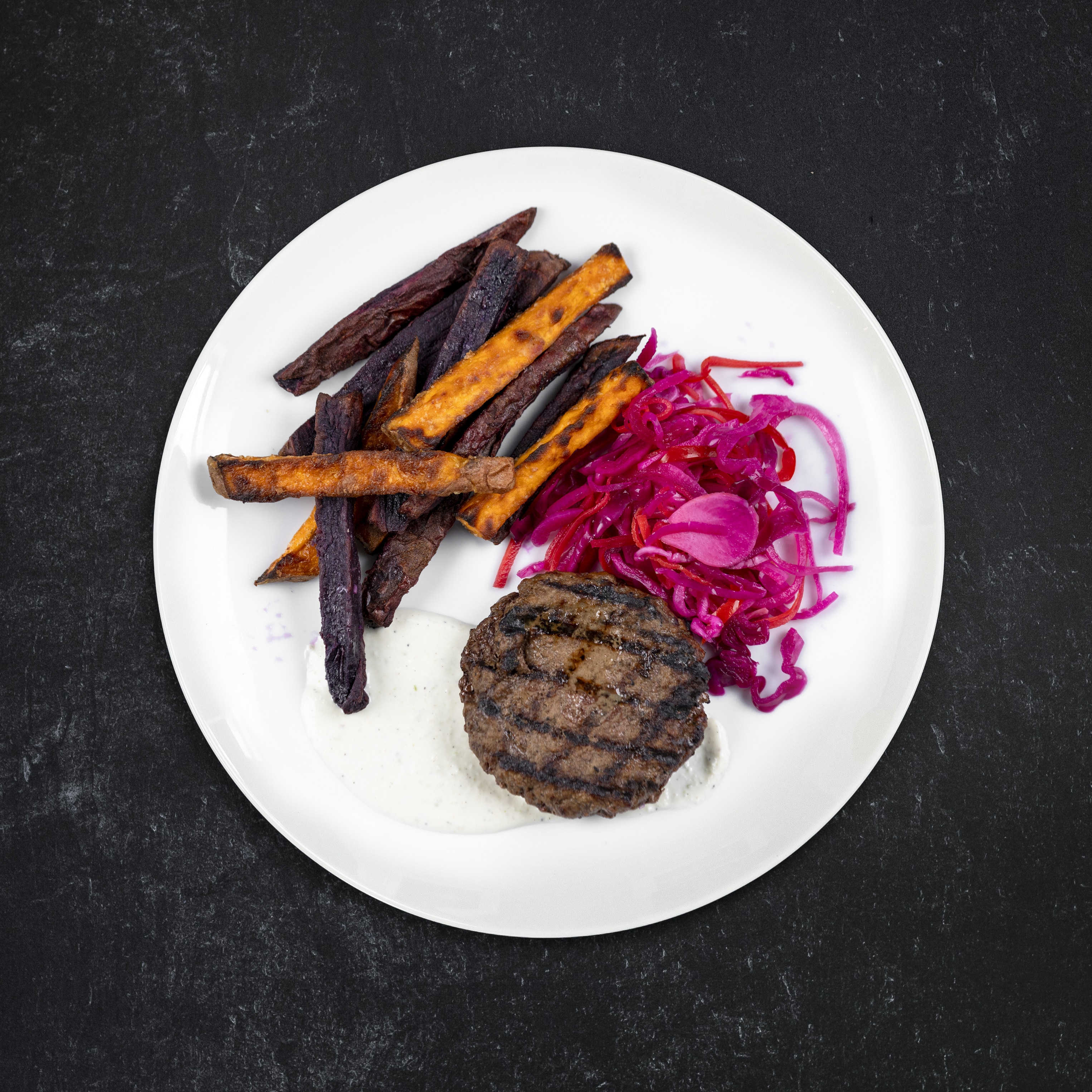 Grass-Fed Wagyu Burger with Truffle Aioli & Pickled Veggie Slaw