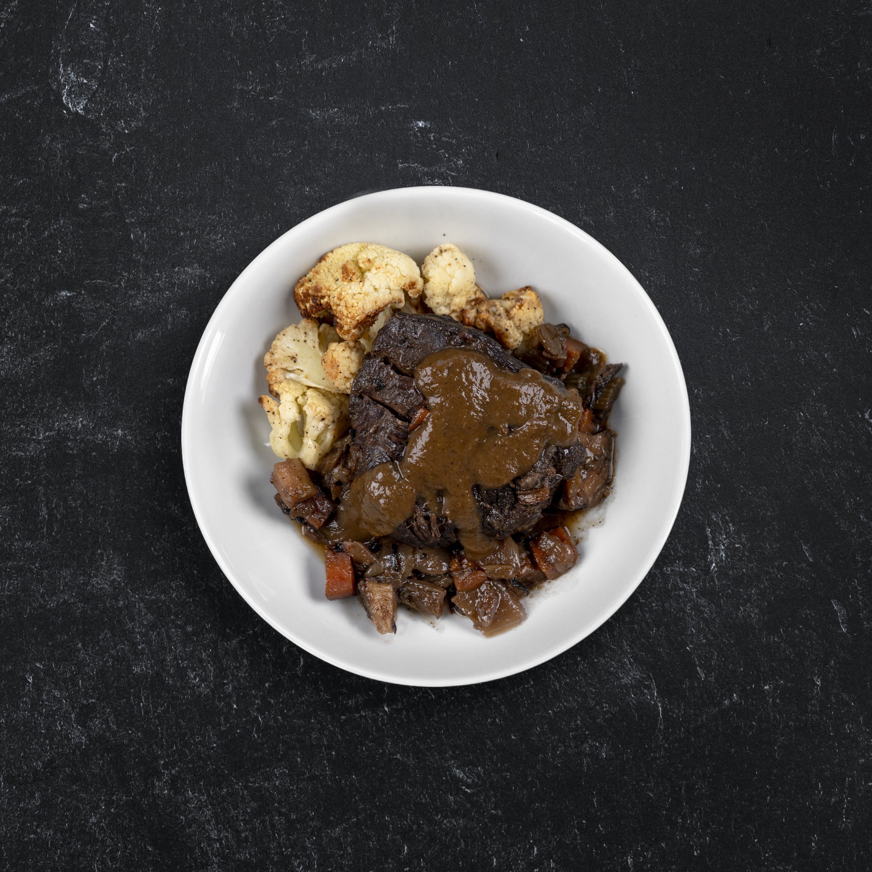 Low Carb Red Wine & Bone Broth Braised Grass-fed Steak Bowl