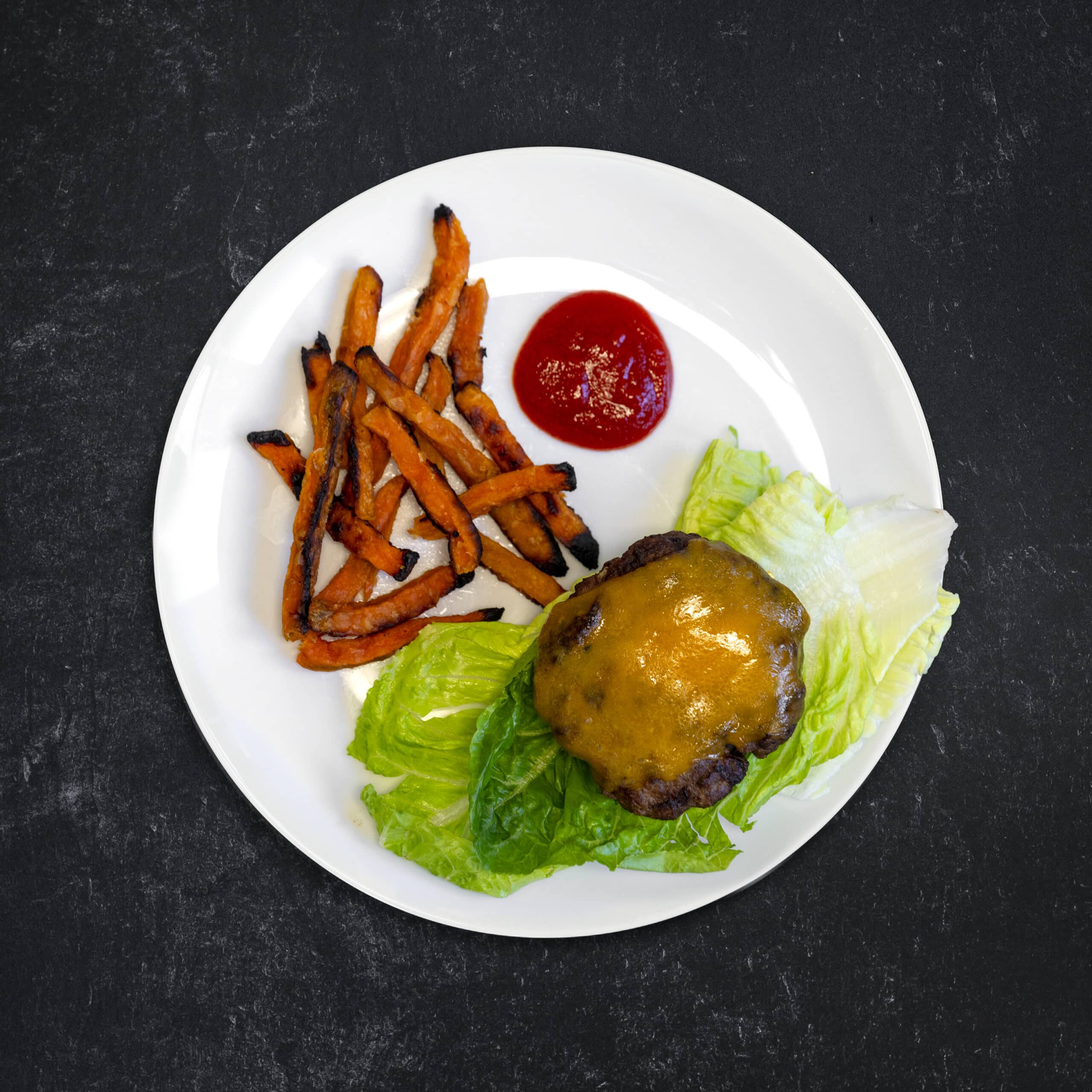 Lettuce Wrap Grass-fed Cheddar Burger with Sweet Fries