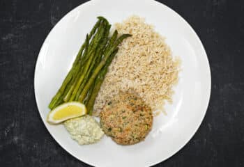 Wild Salmon Cake with Cucumber-Dill Crema Wild Salmon Cake with Cucumber-Dill Crema